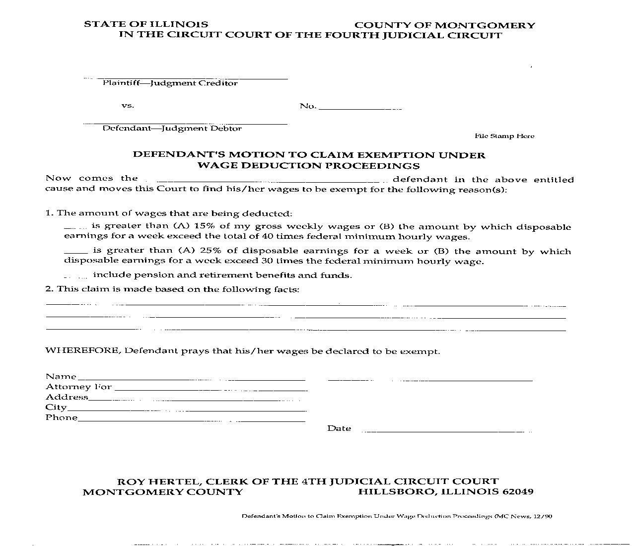 Notice Of Motion For Wage Deduction Exemption Hearing |  | Illinois