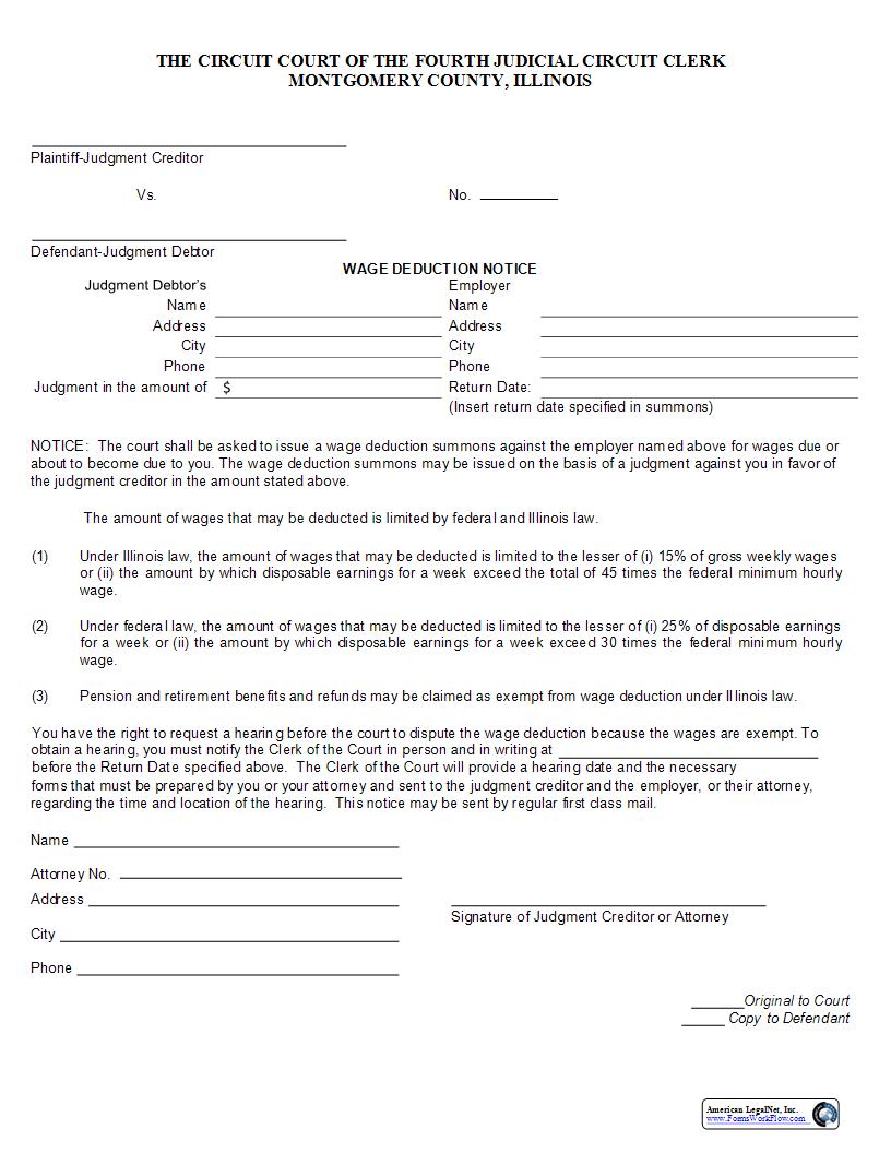 Wage Deduction Notice | Pdf Fpdf Docx | Illinois