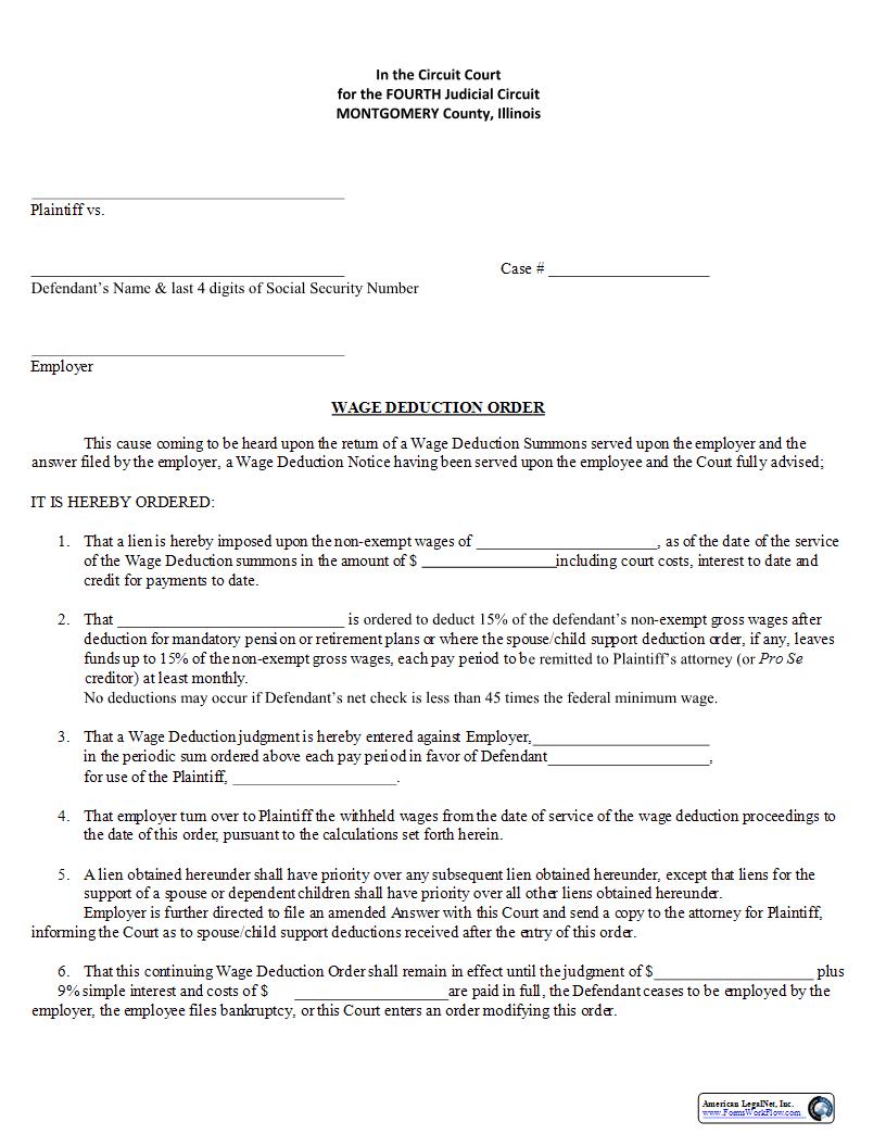 Wage Deduction Order | Pdf Fpdf Docx | Illinois