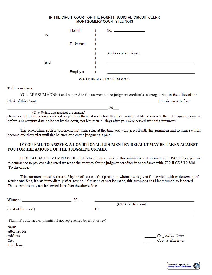 Wage Deduction Summons | Pdf Fpdf Docx | Illinois