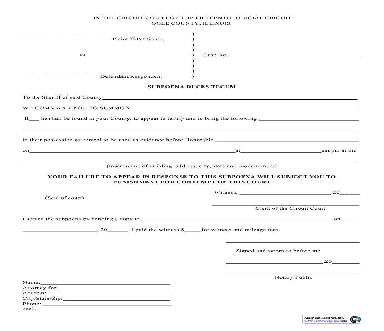 Subpoena Duces Tecum | Pdf Fpdf Doc Docx | Illinois