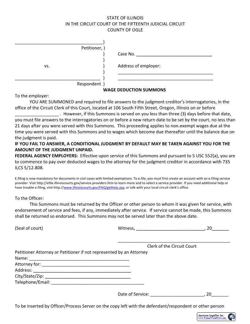 Wage Deduction Summons | Pdf Fpdf Docx | Illinois