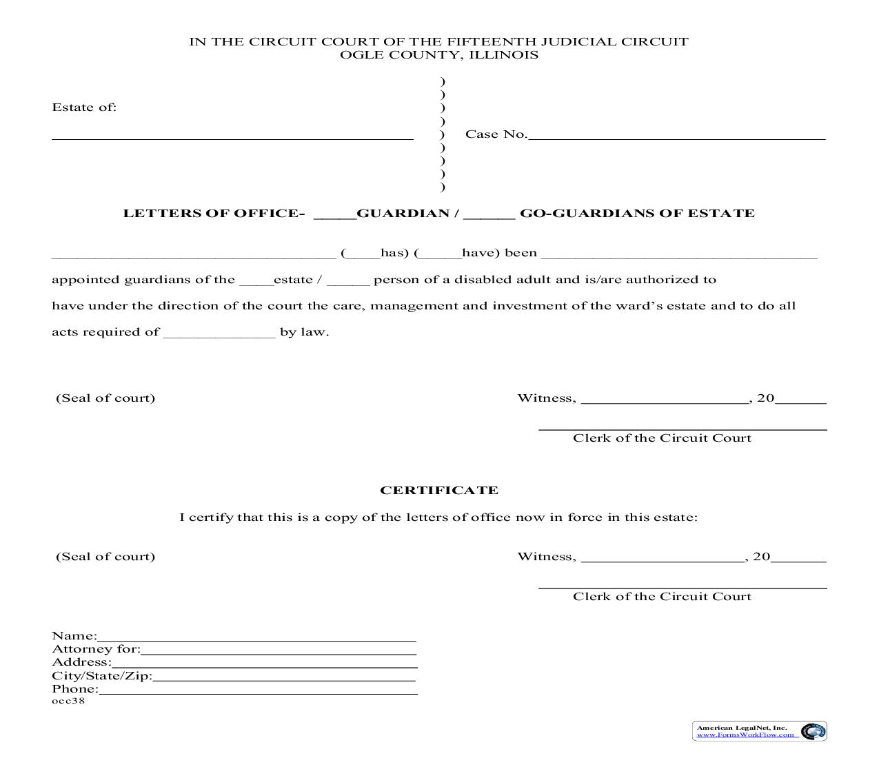 Letters Of Office-Guardian or Co-Guardians Of Estate {occ38} | Pdf Fpdf Doc Docx | Illinois