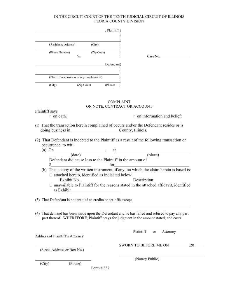 Complaint On Note Contract Or Account | Pdf Fpdf Docx | Illinois
