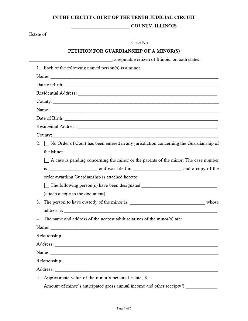 Petition For Guardianship Of A Minor(s) | Pdf Fpdf Docx | Illinois