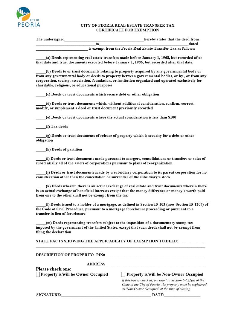Real Estate Transfer Tax Certificate For Exemption (City of Peoria) | Pdf Fpdf Docx | Illinois