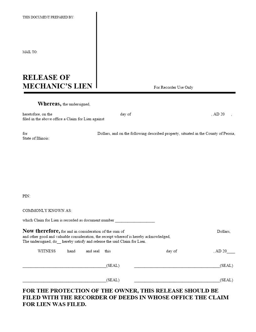Release Of Mechanics Lien | Pdf Fpdf Docx | Illinois