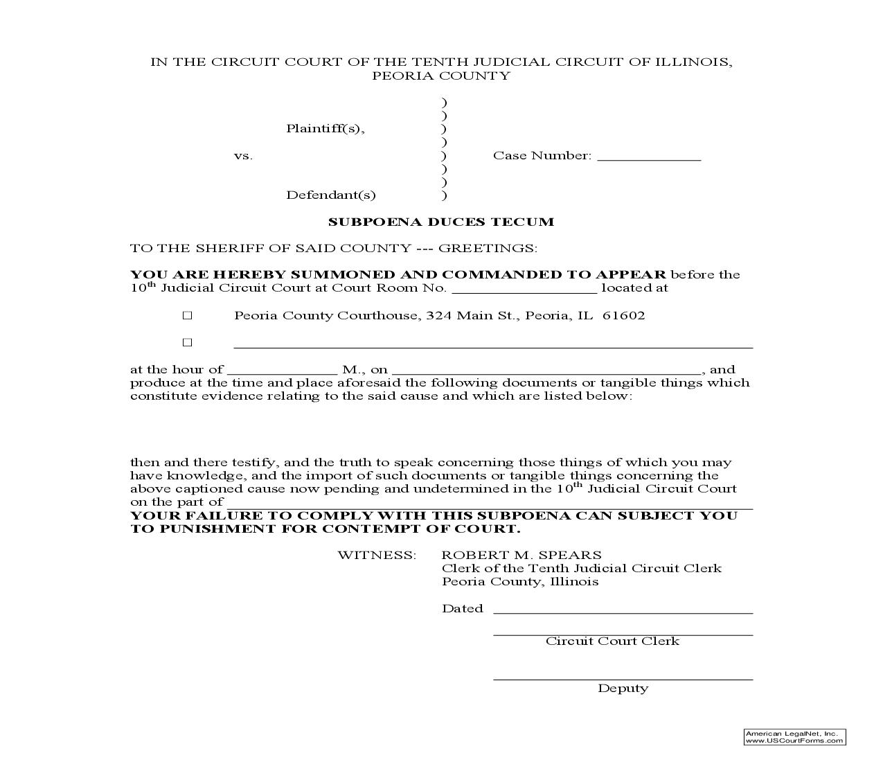 Subpoena Duces Tecum | Pdf Fpdf Docx | Illinois