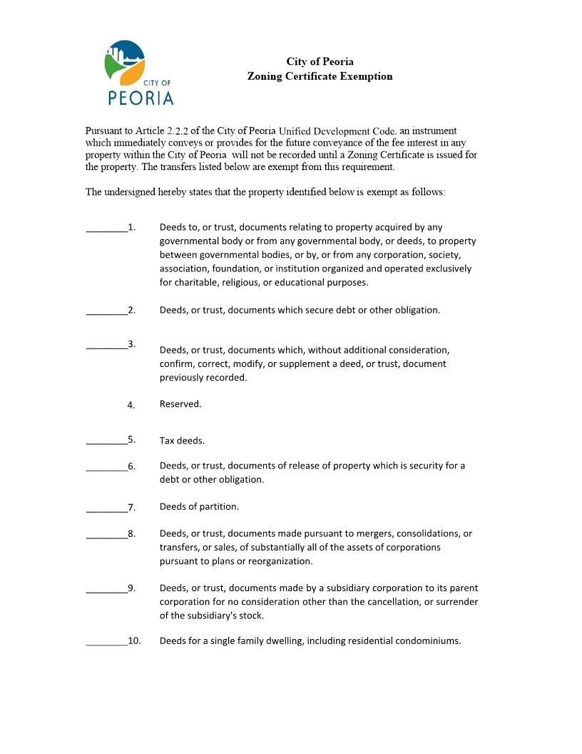 Zoning Certificate Exemption (City of Peoria) | Pdf Fpdf Docx | Illinois