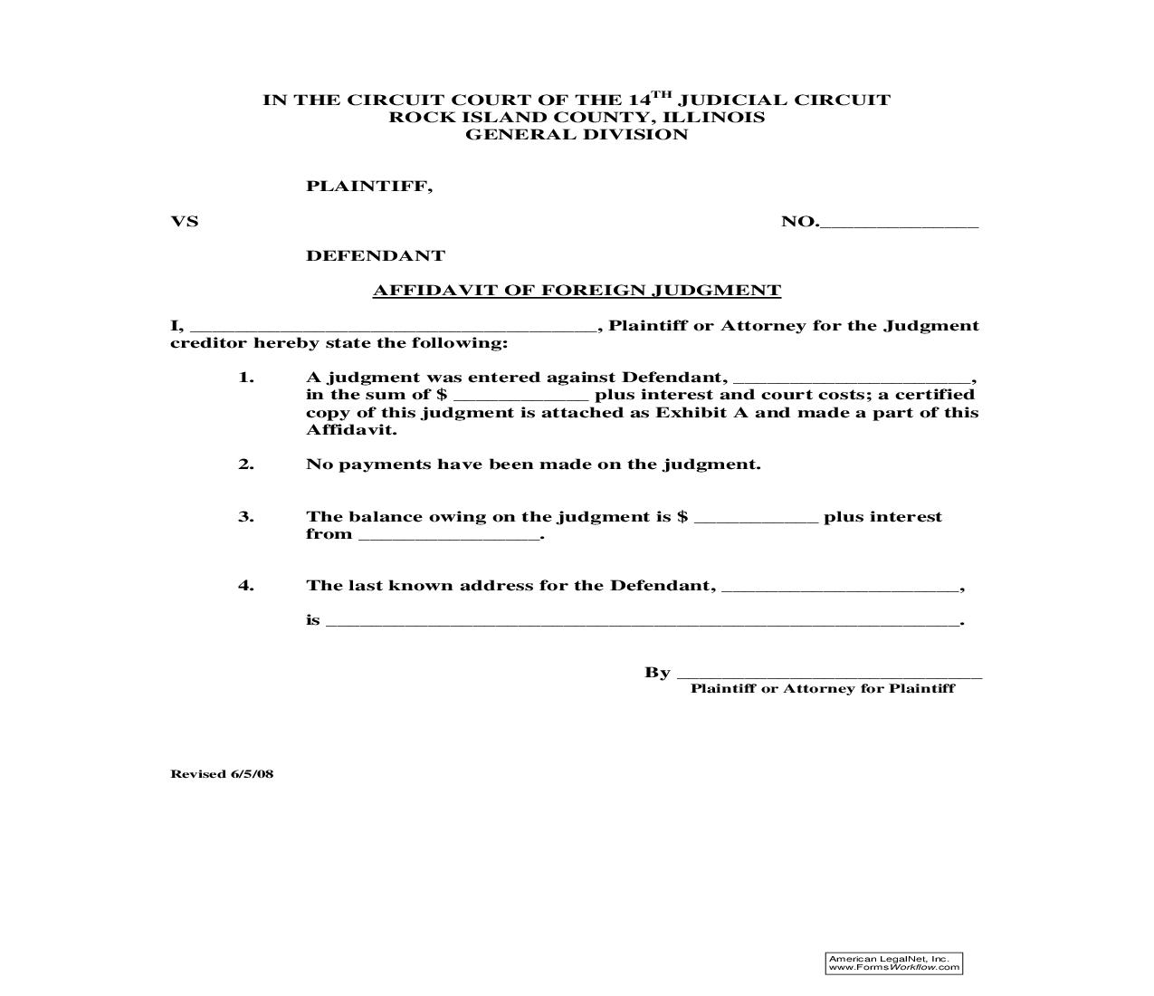 Affidavit Of Foreign Judgment | Pdf Fpdf Doc Docx | Illinois
