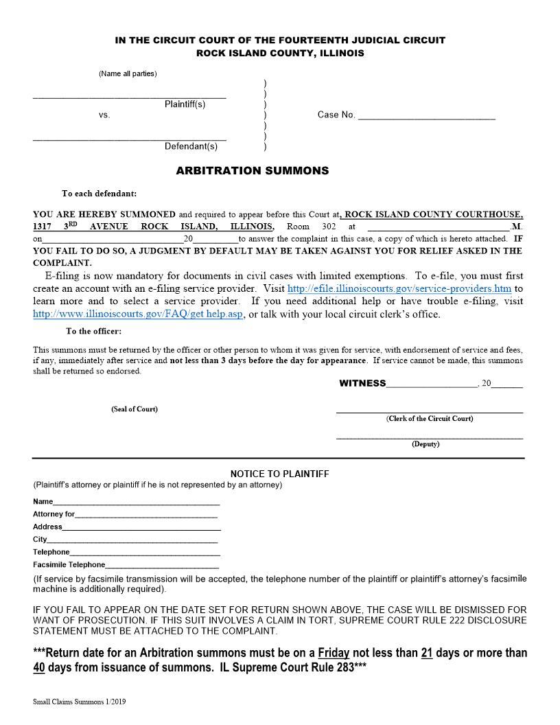 Arbitration Summons | Pdf Fpdf Docx | Illinois