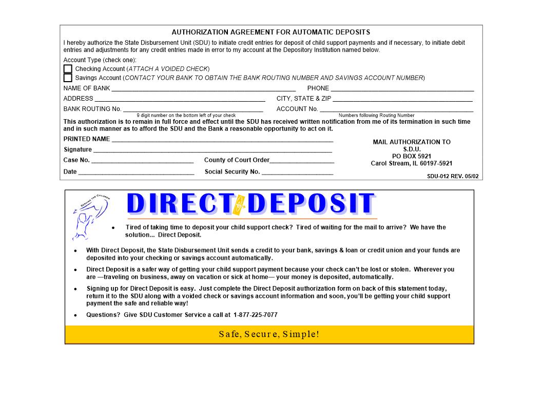 Authorization Agreement For Automatic Deposits (Child Support) | Pdf Fpdf Docx | Illinois