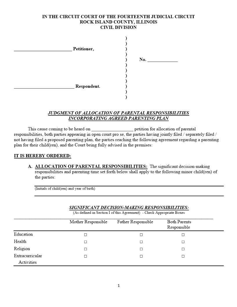 Judgment Of Allocation Of Parental Responsibilities Incorporating Agreed Parenting Plan | Pdf Fpdf Docx | Illinois