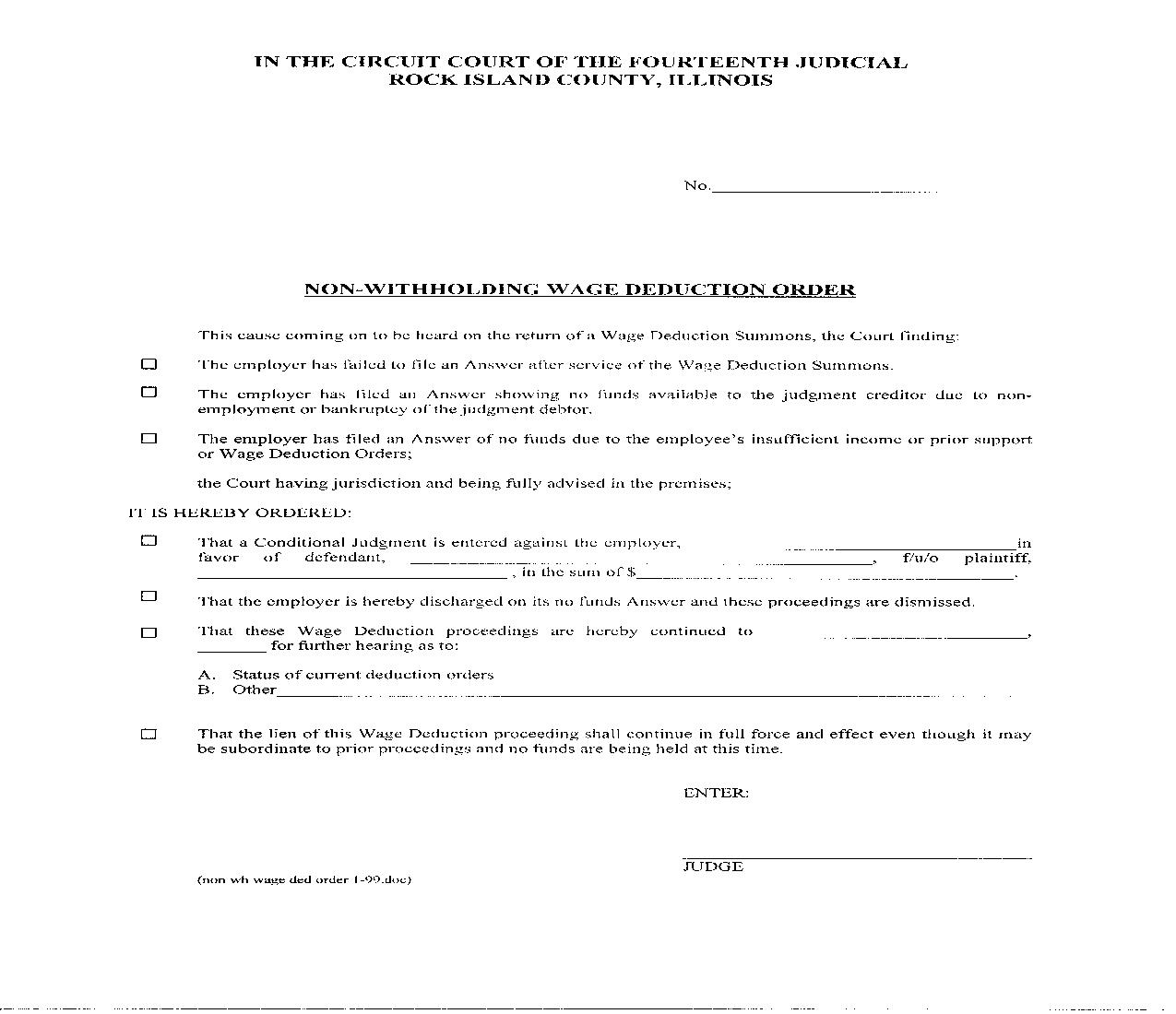 Non Withholding Wage Deduction Order | Pdf Fpdf Doc Docx | Illinois