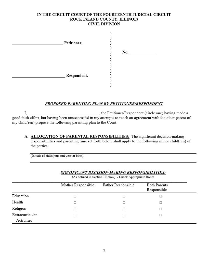 Proposed Parenting Plan By Petitioner Or Respondent | Pdf Fpdf Docx | Illinois