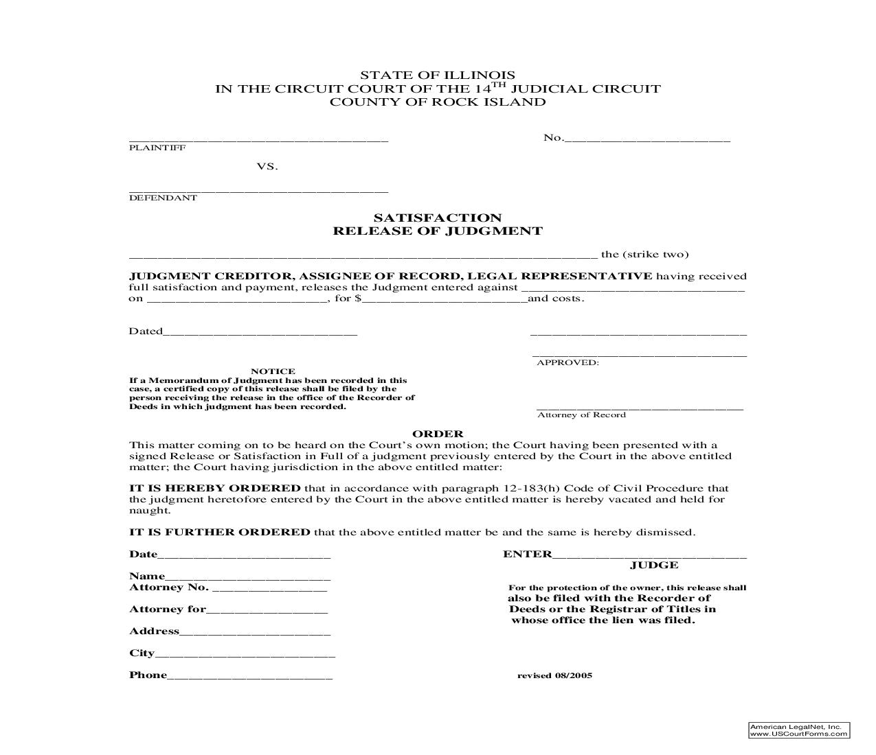 Safisfaction Release Of Judgment | Pdf Fpdf Doc Docx | Illinois