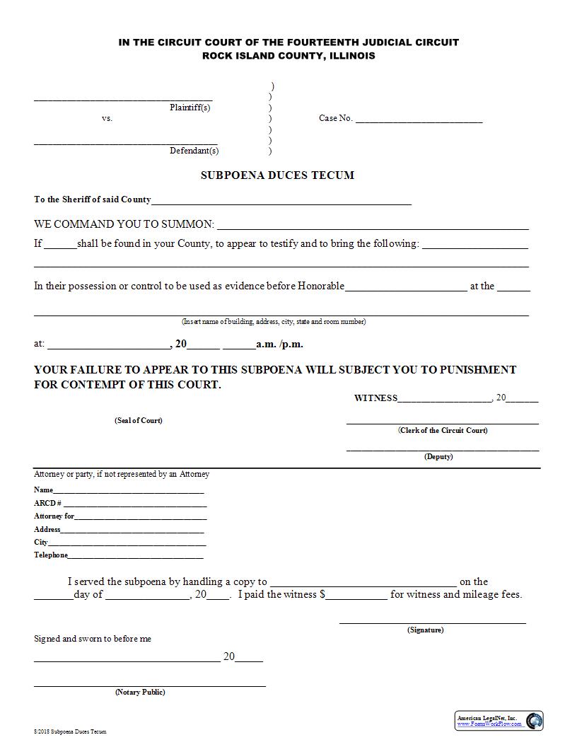 Subpoena Duces Tecum | Pdf Fpdf Docx | Illinois