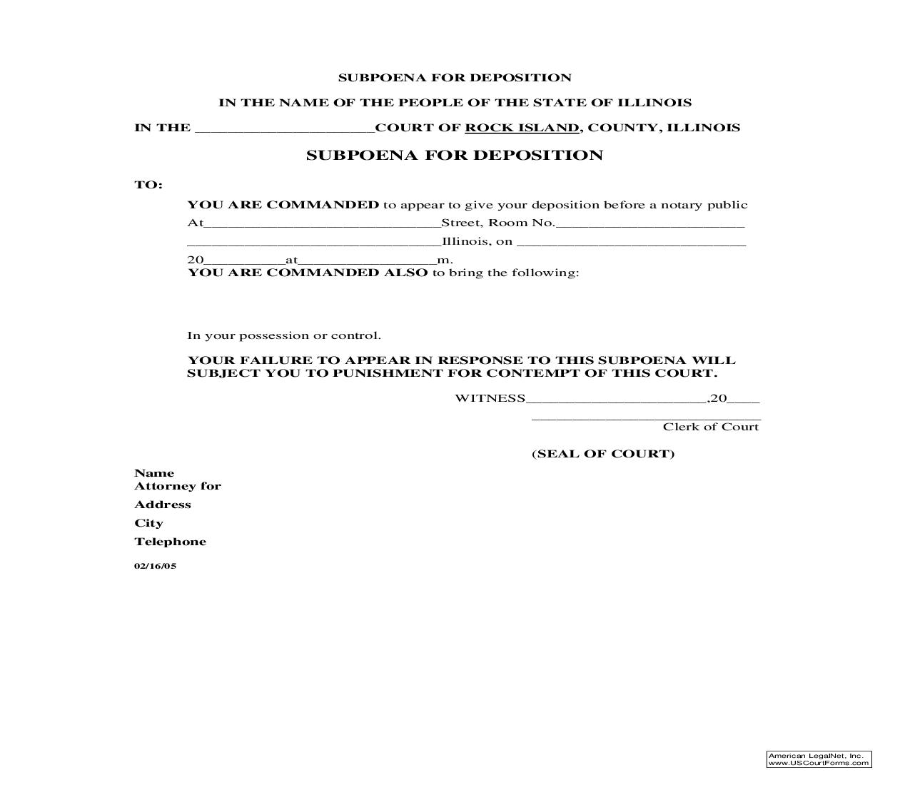Subpoena For Deposition | Pdf Fpdf Doc Docx | Illinois