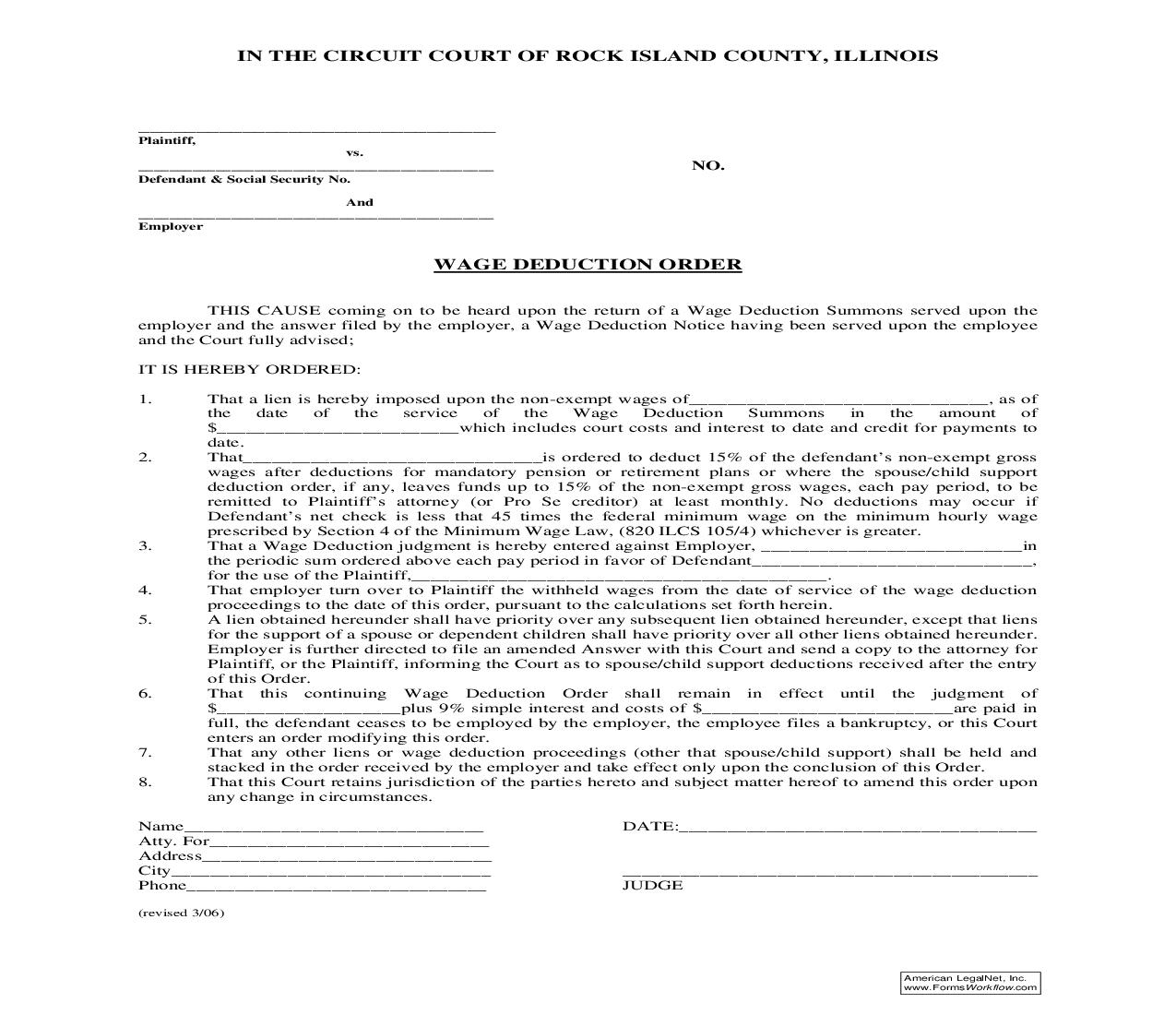 Wage Deduction Order | Pdf Fpdf Doc Docx | Illinois