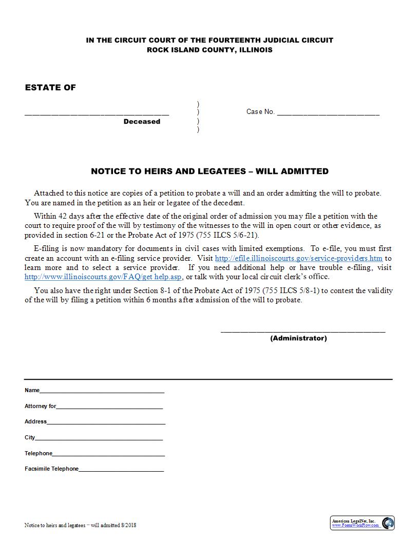 Notice To Heirs And Legatees Will Admitted | Pdf Fpdf Docx | Illinois