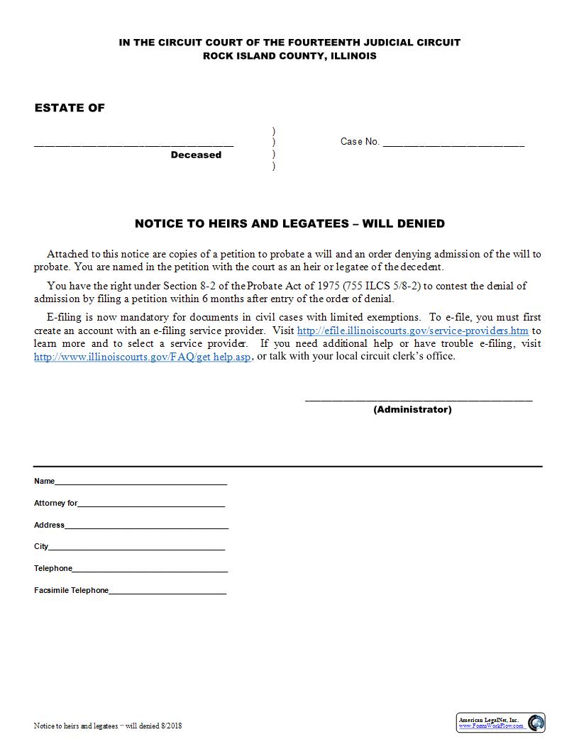 Notice To Heirs And Legatees Will Denied | Pdf Fpdf Docx | Illinois