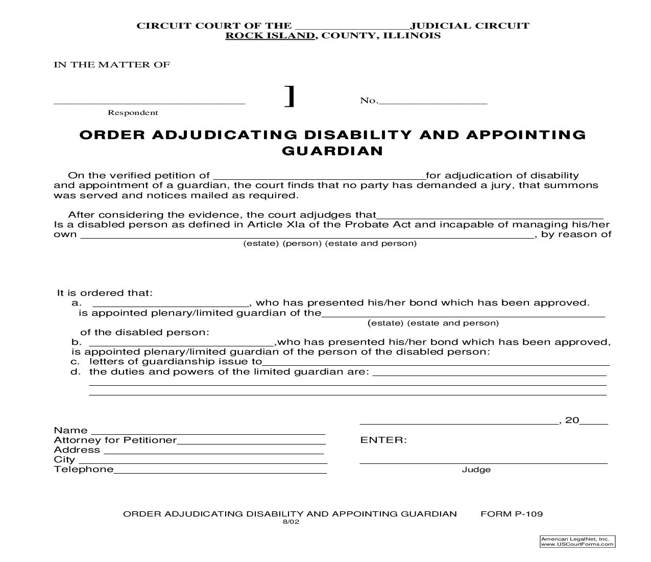 Order Adjudicating Disability And Appointing Guardian {P-109} | Pdf Fpdf Doc Docx | Illinois