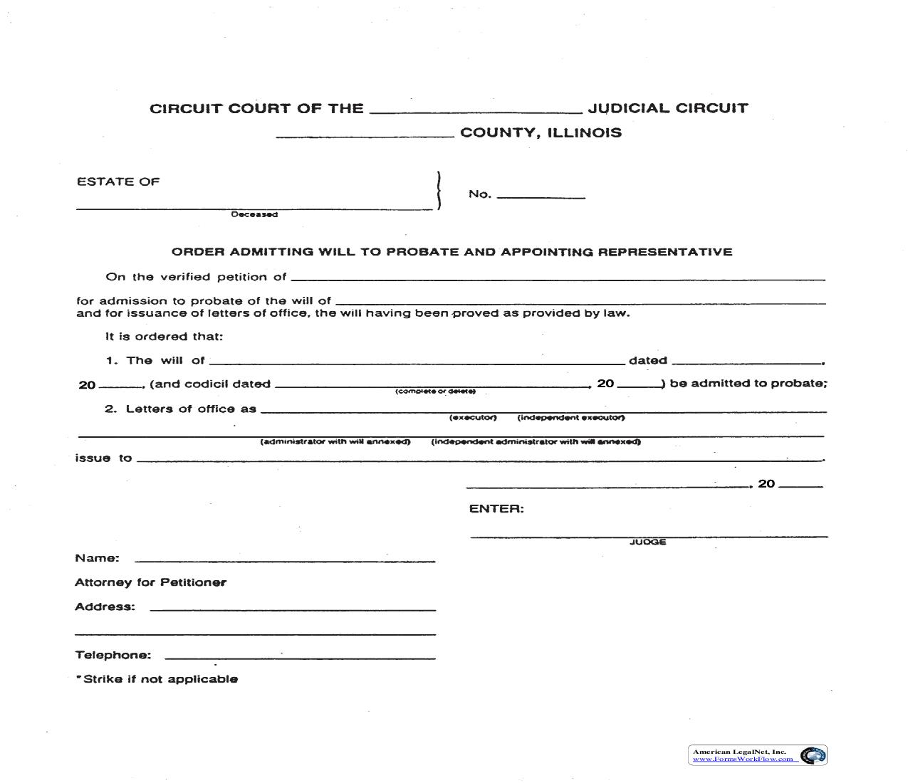 Order Admitting Will To Probate And Appointing Representative | Pdf Fpdf Doc Docx | Illinois