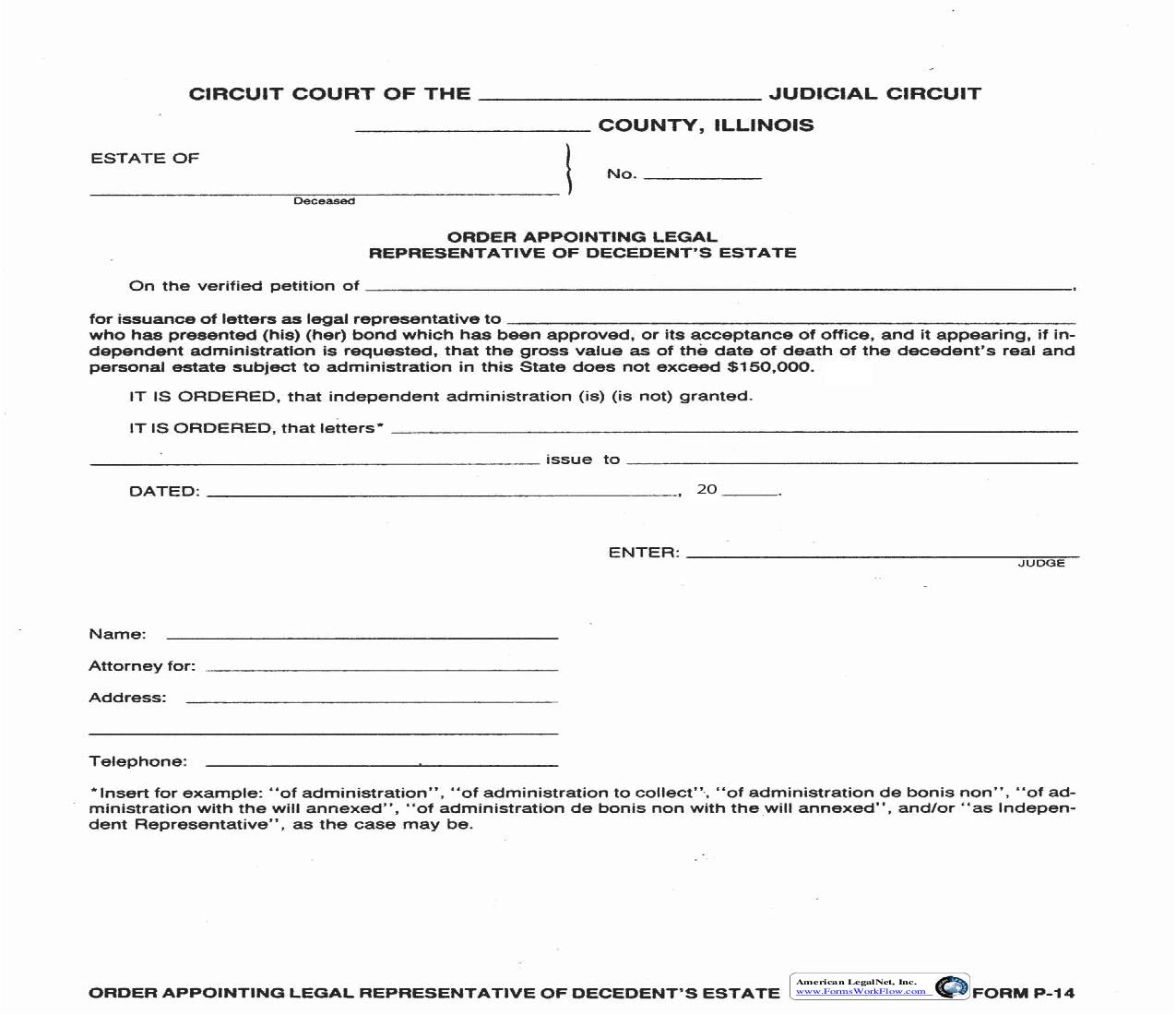Order Appointing Legal Representative Of Decendents Estate {P-14} | Pdf Fpdf Doc Docx | Illinois
