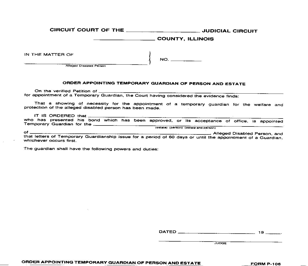 Order Appointing Temporary Guardian Of Person And Estate {P-106} | Pdf Fpdf Doc Docx | Illinois