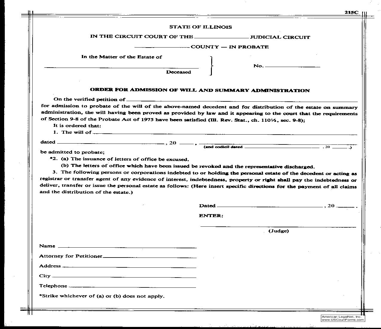 Order For Admission Of Will And Summary Administration {215C} | Pdf Fpdf Doc Docx | Illinois