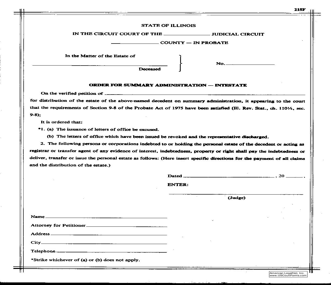 Order For Summary Administration - Intestate {215F} | Pdf Fpdf Doc Docx | Illinois