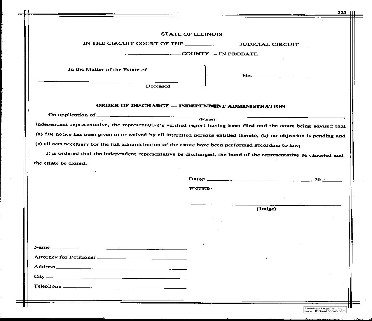 Order Of Discharge -Independent Administration {223} | Pdf Fpdf Doc Docx | Illinois