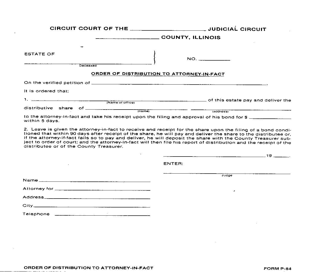 Order Of Distribution To Attorney In Fact {P-84} | Pdf Fpdf Doc Docx | Illinois