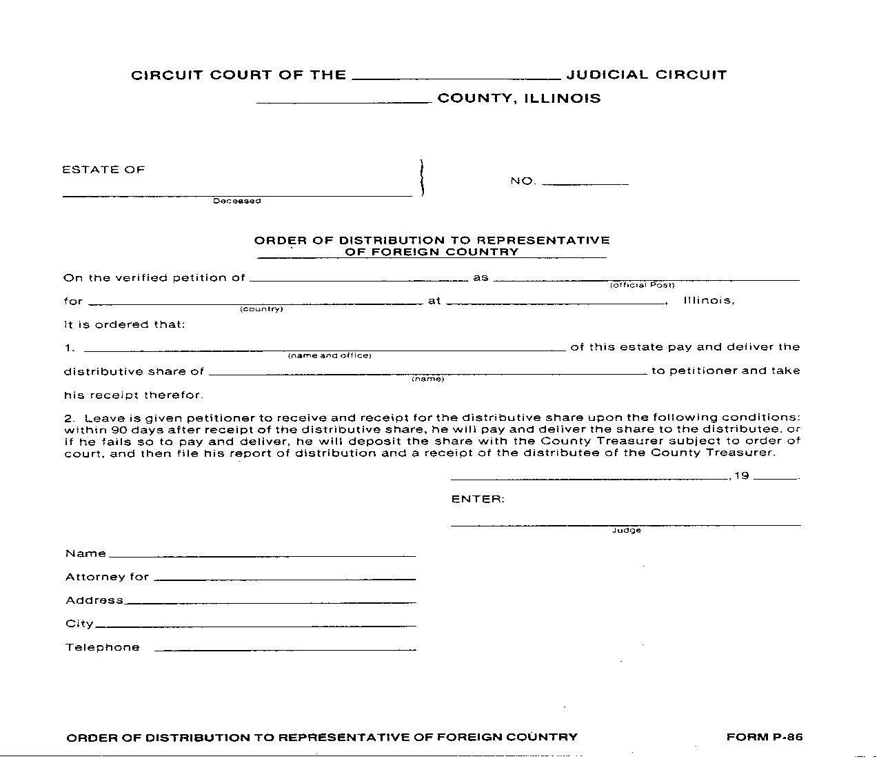 Order Of Distribution To Representative Of Foreign Country {P-86} | Pdf Fpdf Doc Docx | Illinois