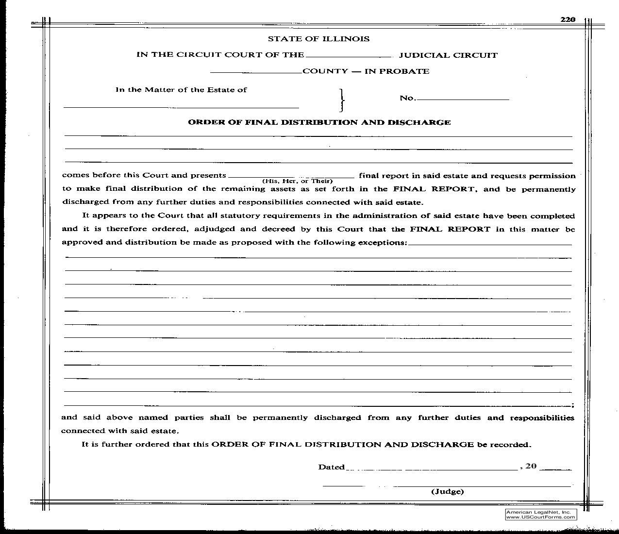 Order Of Final Distribution And Discharge {220} | Pdf Fpdf Doc Docx | Illinois
