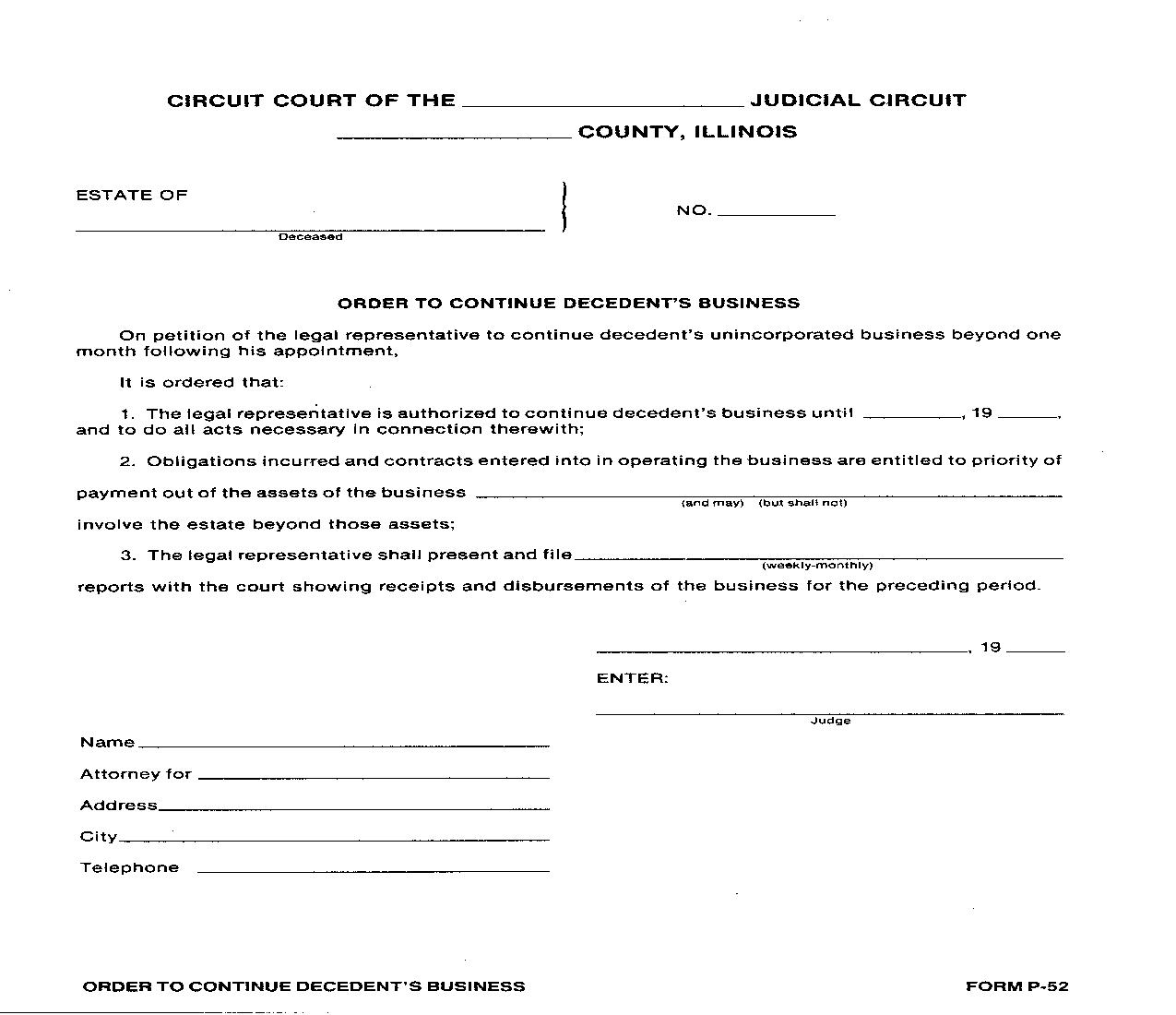 Order To Continue Decedents Business {P-52} | Pdf Fpdf Doc Docx | Illinois