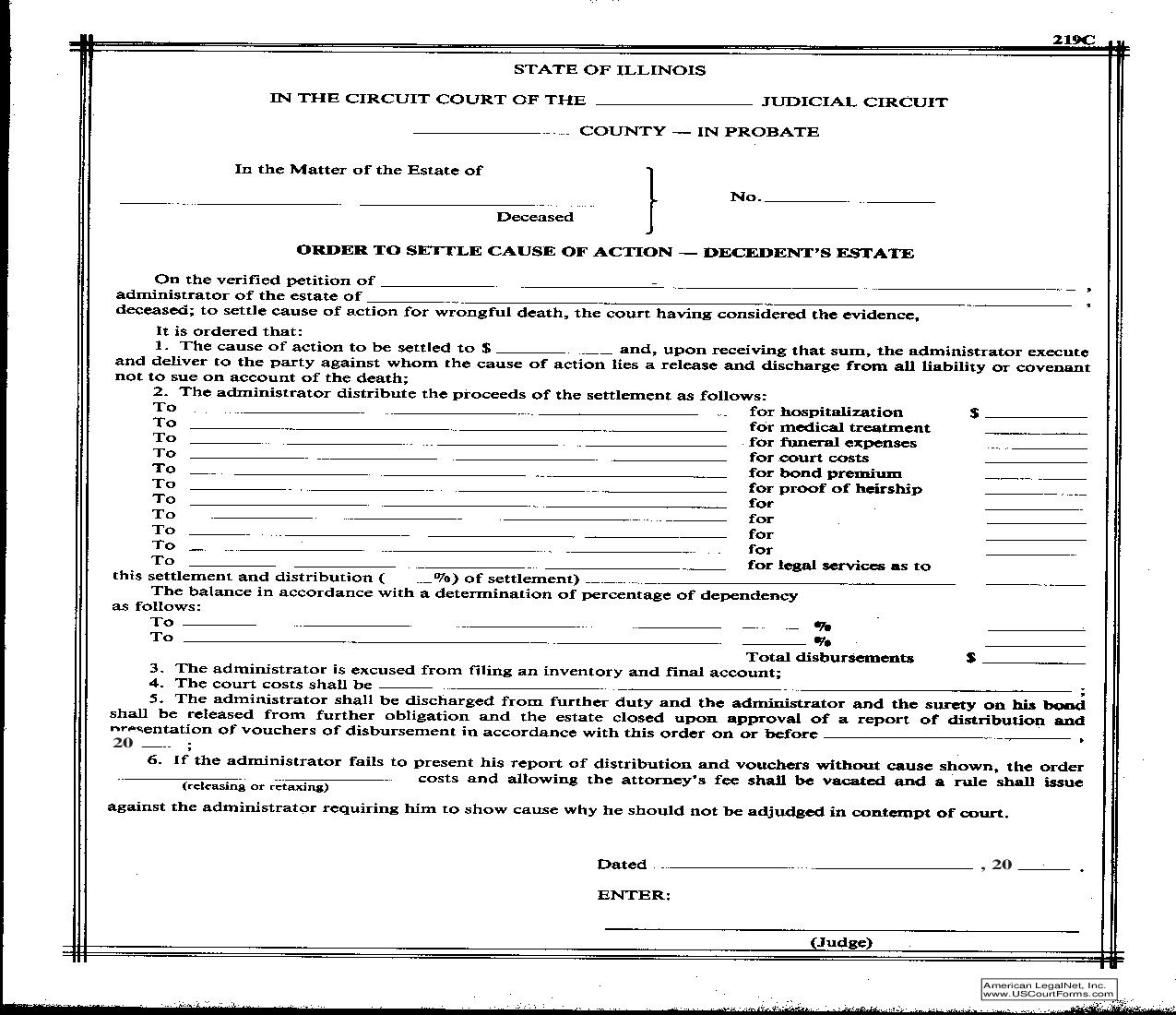 Order To Settle Cause Of Action - Decedents Estate {219C} | Pdf Fpdf Doc Docx | Illinois