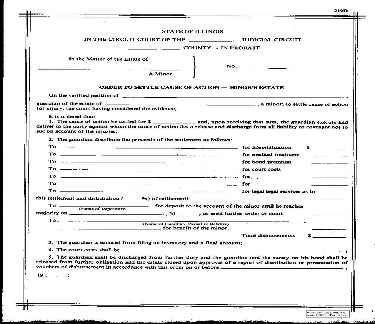 Order To Settle Cause Of Action - Minors Estate {219D} | Pdf Fpdf Doc Docx | Illinois