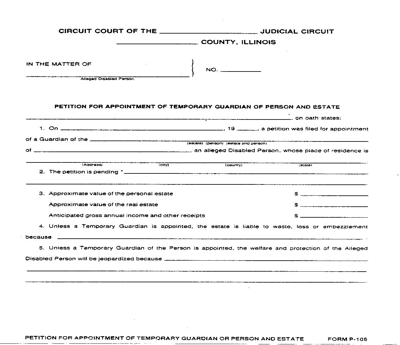 Petition Appointment Of Temporary Guardian Of Person And Estate {P-105} | Pdf Fpdf Doc Docx | Illinois