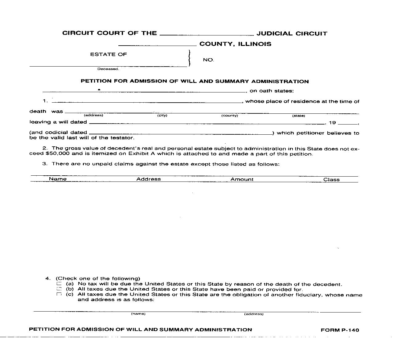 Petition For Admission Of Will {P-140} | Pdf Fpdf Doc Docx | Illinois