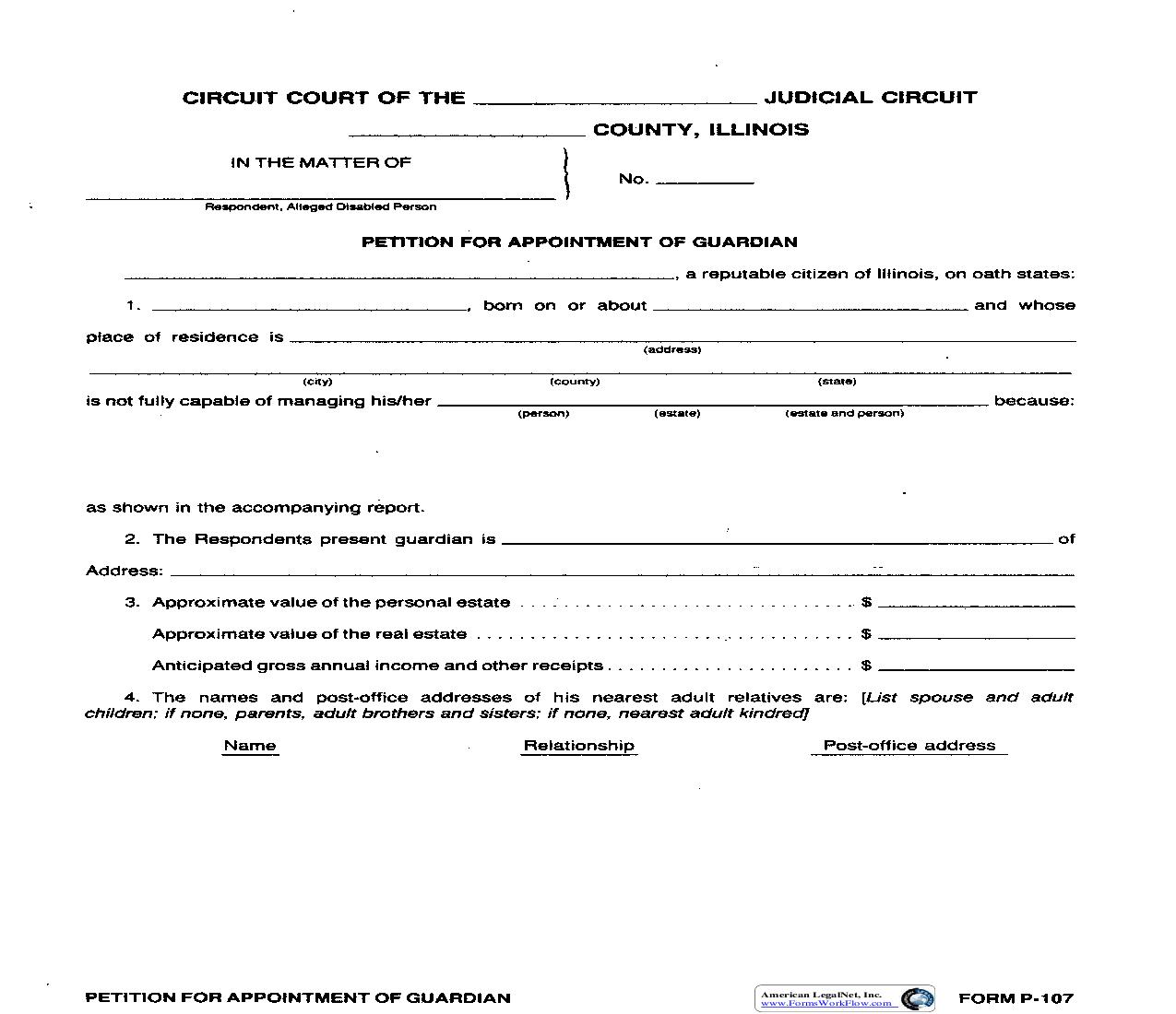 Petition For Guardian (Disabled Person) {P-107} | Pdf Fpdf Doc Docx | Illinois