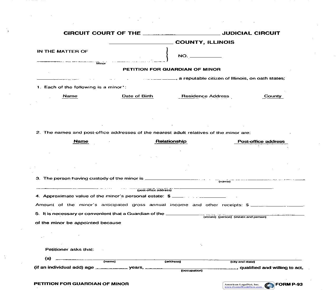 Petition For Guardian Of Minor {P-93} | Pdf Fpdf Doc Docx | Illinois