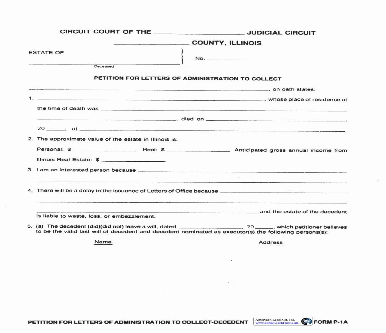 Petition For Letters Of Administration To Collect {P-1A} | Pdf Fpdf Doc Docx | Illinois