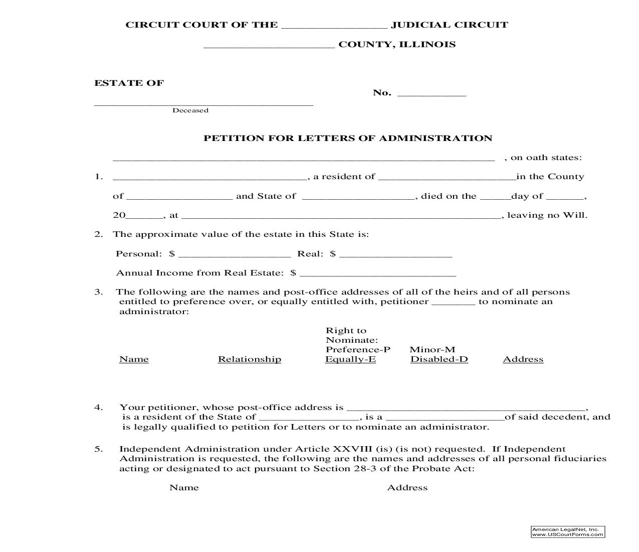 Petition For Letters Of Administration | Pdf Fpdf Doc Docx | Illinois