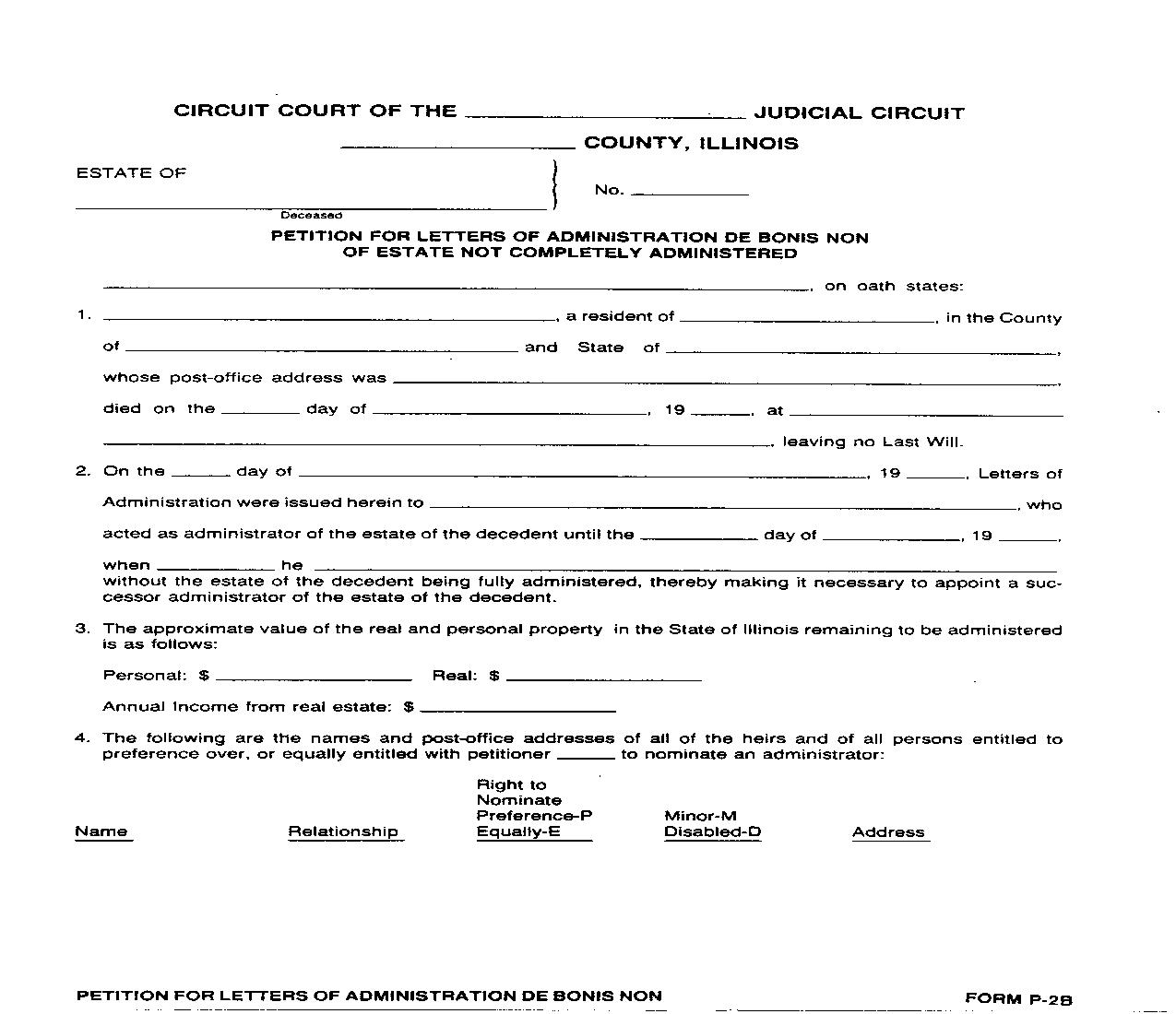 Petition Letters Of Administration De Bonis Non {P-2B} | Pdf Fpdf Doc Docx | Illinois