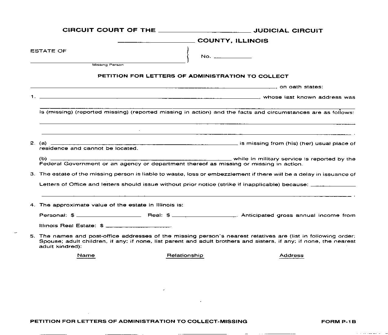 Petition Letters Of Administration To Collect {P-1B} | Pdf Fpdf Doc Docx | Illinois