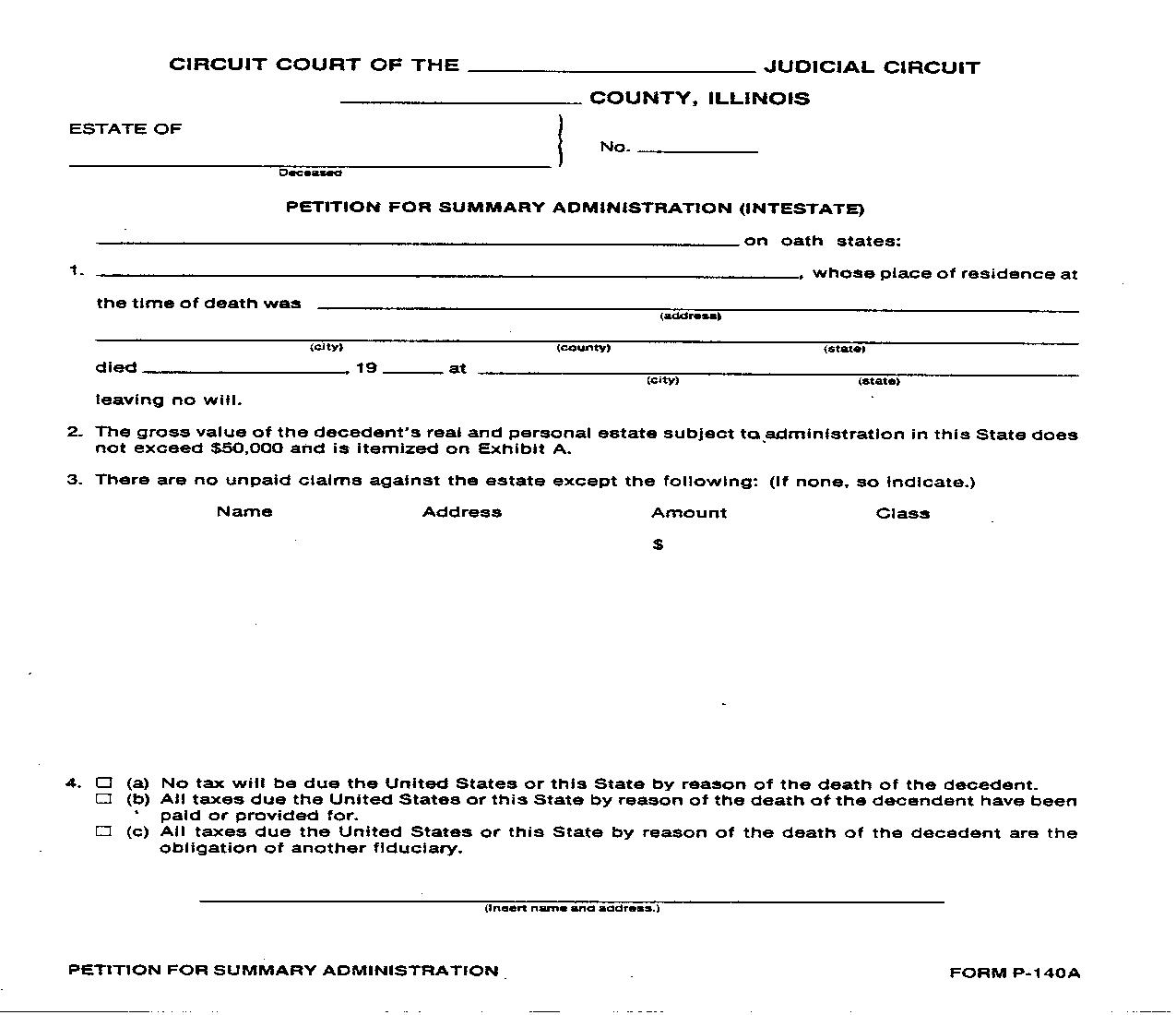 Petition Summary Administration Intestate {P-140A} | Pdf Fpdf Doc Docx | Illinois