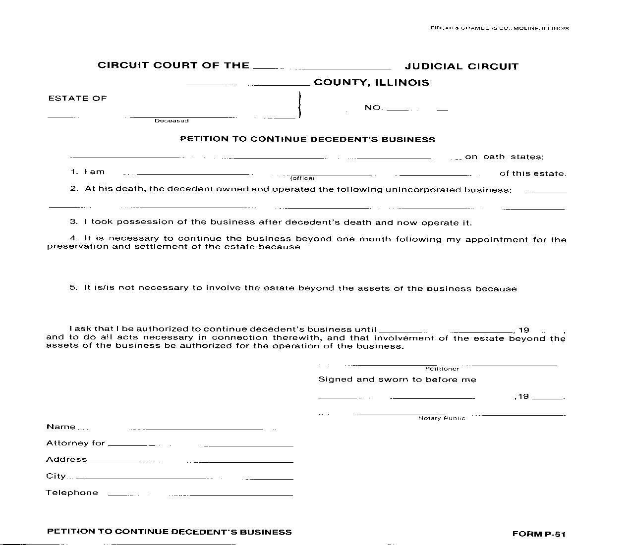 Petition To Continue Decedents Business {P-51} | Pdf Fpdf Doc Docx | Illinois