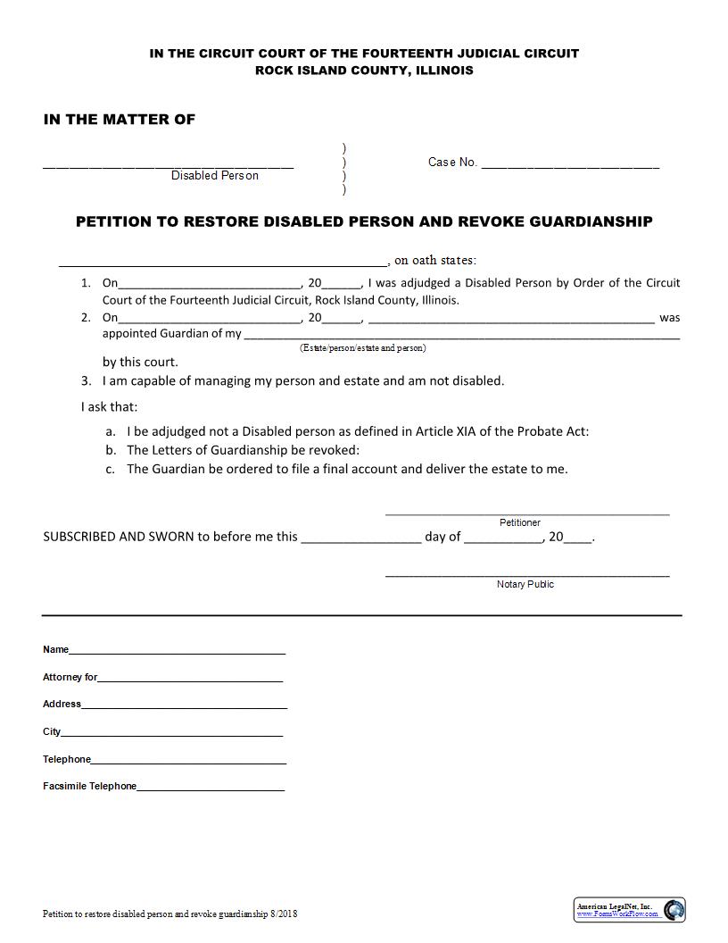 Petition To Restore Disabled Person And Revoke Guardianship | Pdf Fpdf Docx | Illinois