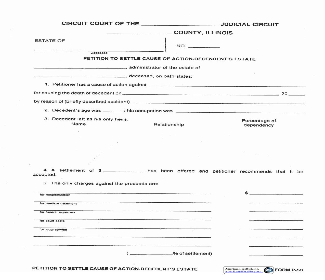 Petition To Settle Cause Of Action - Decedents Estate {P-53} | Pdf Fpdf Doc Docx | Illinois